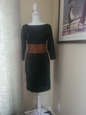 VENUS Classic Dark Grey Sheath Dress with Brown Faux Leather Waist Panel